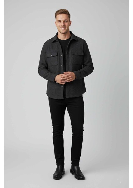 Erkek Füme Dar Kesim Cepleri Kapaklı Çıtçıtlı Ince Kaşe Ceket Mont 2500559