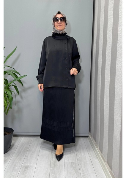 Saten Pliseli Etek Takım Siyah 38015