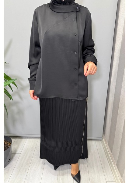 Saten Pliseli Etek Takım Siyah 38015 modelleri