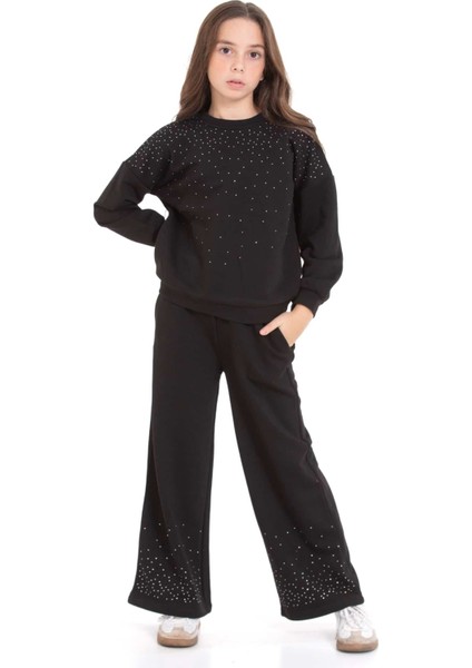 Kız Çocuk 3 Iplik Taş Detaylı Alt-Üst Takım 4-12 Yaş 12346