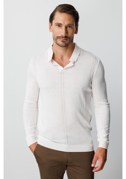 Ekru Standart Fit Polo Yaka Düz Uzun Kollu Triko