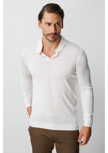 Ekru Standart Fit Polo Yaka Düz Uzun Kollu Triko fiyatları