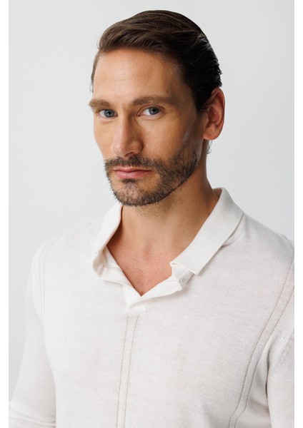 Ekru Standart Fit Polo Yaka Düz Uzun Kollu Triko modelleri