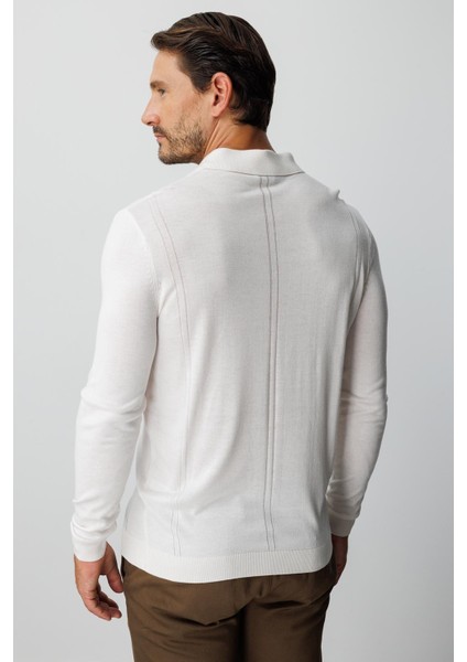 Ekru Standart Fit Polo Yaka Düz Uzun Kollu Triko fırsatları