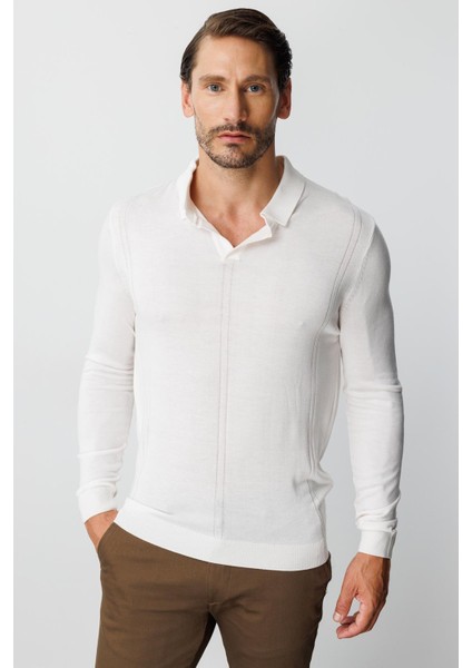 Ekru Standart Fit Polo Yaka Düz Uzun Kollu Triko indirimleri