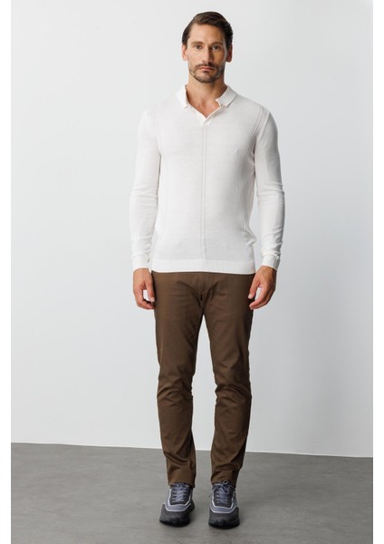 Ekru Standart Fit Polo Yaka Düz Uzun Kollu Triko