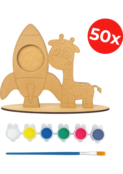 Ahşap Fotoğraf Çerçeve Tasarım Set - Zürafa ve Roket Ahşap Boyama - 50'li Set