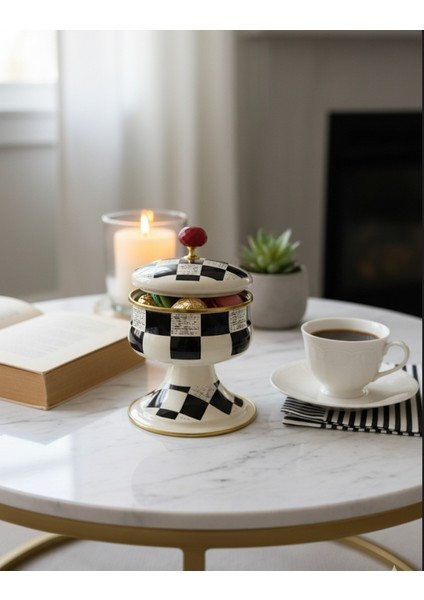 Şık Dekoratif Siyah Beyaz Kareli Seramik Banyo Mutfak Sıvı Sabunluk Seti
