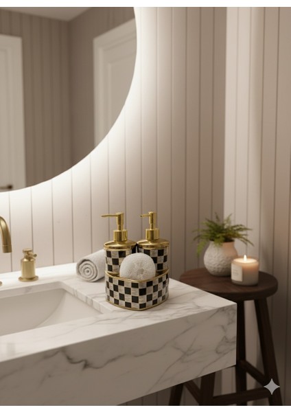 Şık Dekoratif Siyah Beyaz Kareli Seramik Banyo Mutfak Sıvı Sabunluk Seti fiyatları