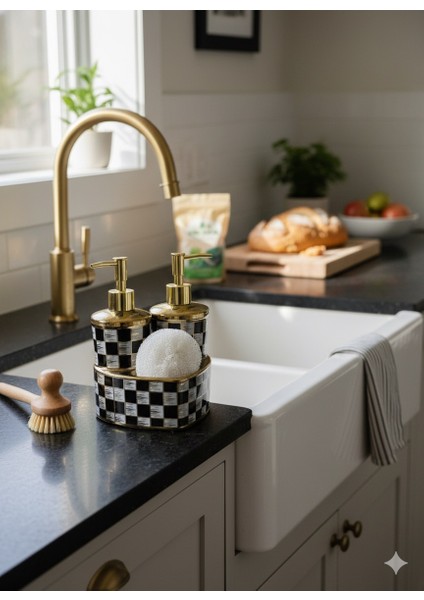 Şık Dekoratif Siyah Beyaz Kareli Seramik Banyo Mutfak Sıvı Sabunluk Seti modelleri