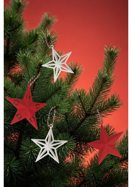 Yılbaşı Çam Ağacı Süsü Kırmızı ve Beyaz Modelli Yıldızlar