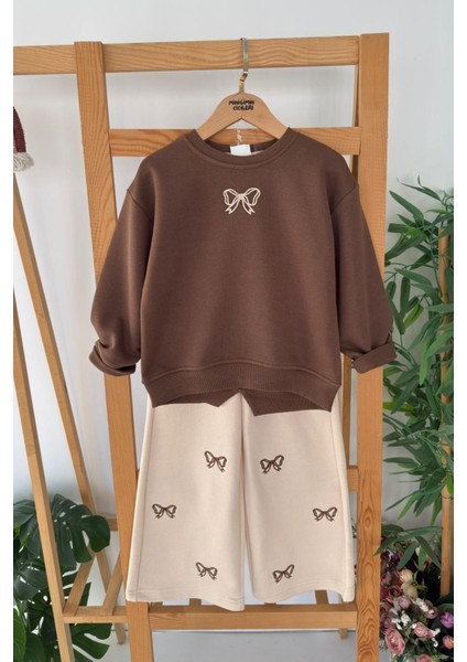 Fiyonk Işleme Detaylı Kız Çocuk Bol Pantolonlu kız çocuk takım - Kahverengi