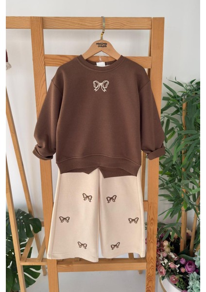 Fiyonk Işleme Detaylı Kız Çocuk Bol Pantolonlu kız çocuk takım - Kahverengi fiyatları