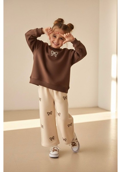 Fiyonk Işleme Detaylı Kız Çocuk Bol Pantolonlu kız çocuk takım - Kahverengi modelleri