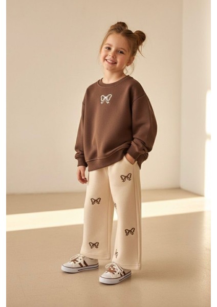 Fiyonk Işleme Detaylı Kız Çocuk Bol Pantolonlu kız çocuk takım - Kahverengi fırsatları