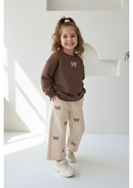 Fiyonk Işleme Detaylı Kız Çocuk Bol Pantolonlu kız çocuk takım - Kahverengi indirimleri