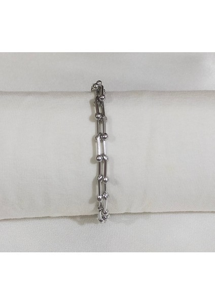 Gümüş Renk Modern Zincir Detaylı Bileklik