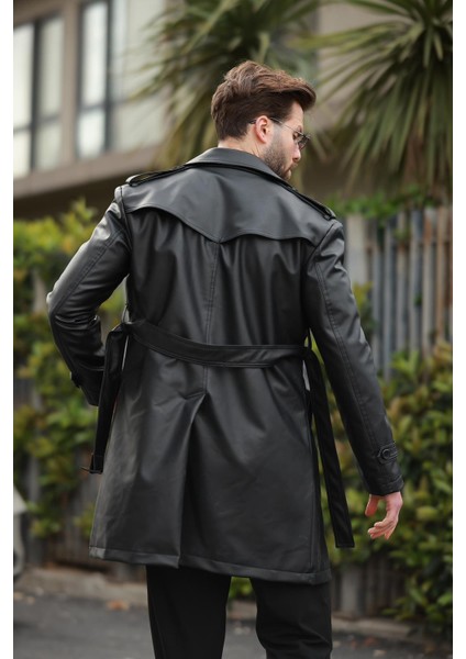 Uzun Beli Kemerli Apoletli Deri Trençkot & Pardesü