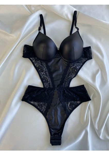 Beyaz Gelincik Underwear Kadın Dantelli Siyah Deri Transparan Çıtçıtlı Sütyenli Body Bodysuit Fantezi Iç Çamaşır