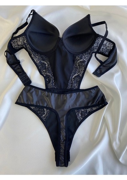 Beyaz Gelincik Underwear Kadın Dantelli Siyah Deri Transparan Çıtçıtlı Sütyenli Body Bodysuit Fantezi Iç Çamaşır fırsatları