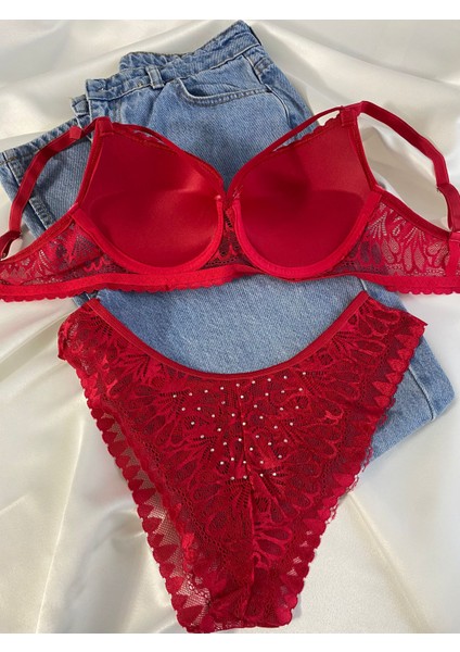 Kadın Dantelli Ip Detaylı Taşlı Balenli Destekli Dolgulu Push Up Sütyen Takımı Iç Çamaşırı Takımı fırsatları