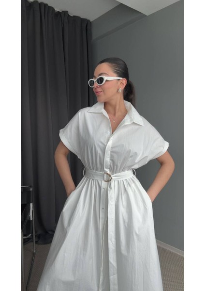%100 Pamuk Kemerli Beyaz Elbise
