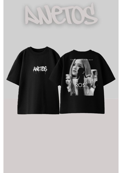 Blackpink Rose 5 Tasarım Sırt Baskılı Pamuk Siyah Oversize T-Shirt