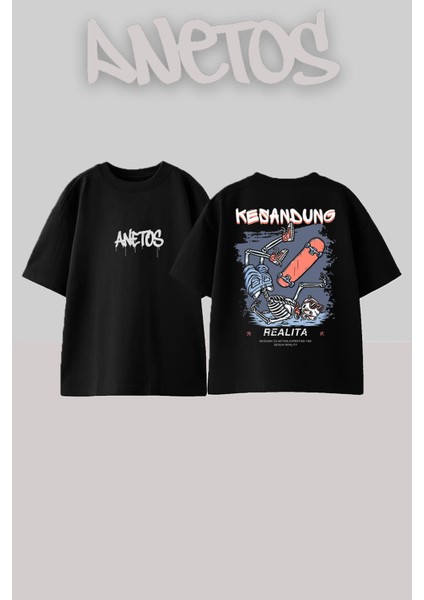 Kesandun Tasarım Sırt Baskılı Pamuk Siyah Oversize T-Shirt