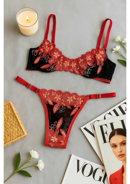 ❤️ Kırmızı Çiçek Işlemeli Transparan Dantel Sütyen Külot Takımı fırsatları