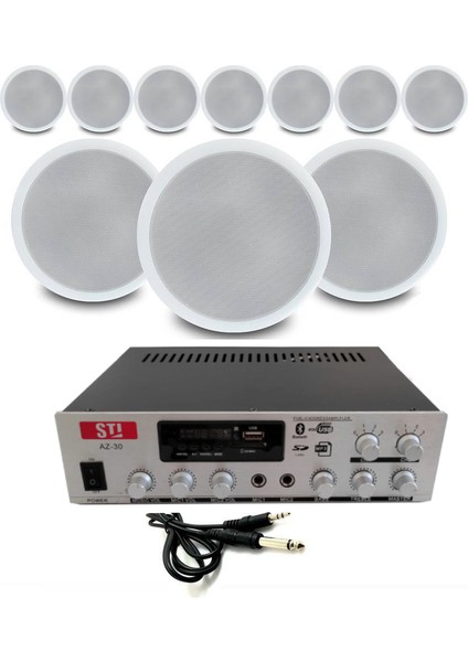 10’lu Beyaz Tavan Hoparlörlü 100V Anfi Ses Sistemi | Kafe Mağaza Ofis Müzik Seti