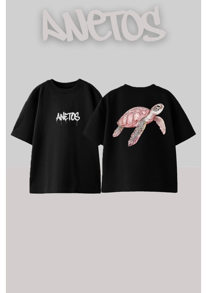 Kaplumbaga Tasarım Sırt Baskılı Pamuk Siyah Oversize T-Shirt