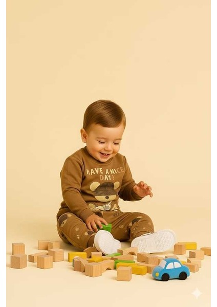 Kahverengi Ayıcık 1-2-3 Yaş Çocuk Alt Üst Takım Pijama Takım
