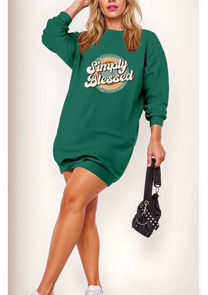 Kadın Uzun Kollu Bisiklet Yaka Yazılı Viskon Iki Iplik Elbise