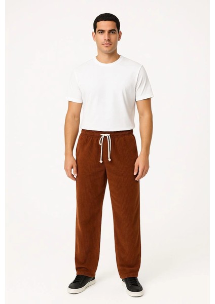 Erkek Fitilli Kadife Cepli Buggy Pantolon Oversize Rahat Kalıp - Kahverengi