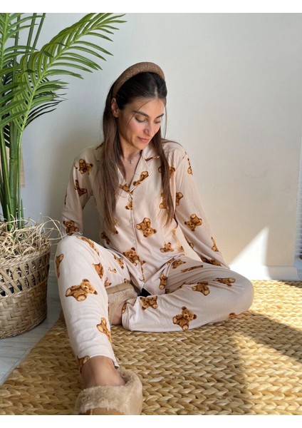 Teddy Bej Rengi Ayıcık Kadın Pijama Takımı