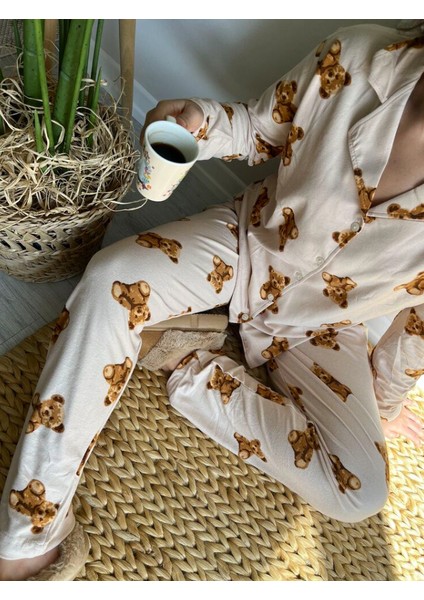 Teddy Bej Rengi Ayıcık Kadın Pijama Takımı modelleri