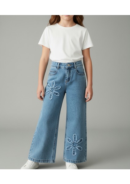 Çiçek Desenli Mavi Kot Kız Çocuk