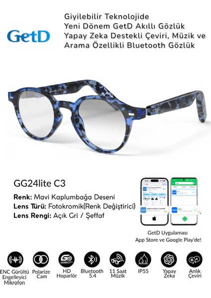 GG24C3 Getd Akıllı Gözlük – Çeviri, Müzik ve Arama Özellikli Bluetooth Gözlük