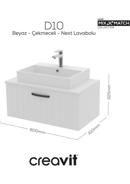 D10 Next Lavabo Dolabı Çekmeceli 80 cm Beyaz Lake