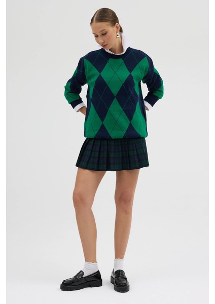 Lacivert Yeşil Baklava Desenli Yarım Balıkçı Yaka Oversize Triko Kazak indirimleri