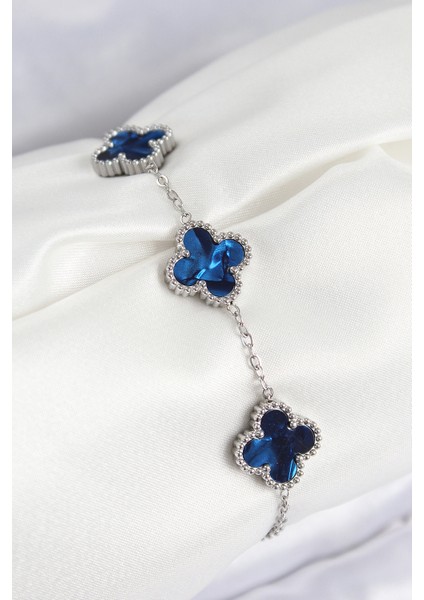 316L Çelik Sedefli Lacivert Gümüş Renk Yonca Kadın Bileklik - Lisinya