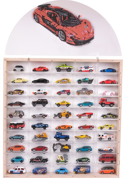 50'li Ahşap Oyuncak Araba Rafı, Duvara Asılabilen Pleksi Raflı Hobi Araba Düzenleyici 50X6X51