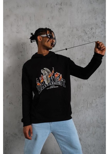 Erkek Oversize Kapüşonlu Sweatshirt – Siyah Renk Üç Iplik Içi Pamuklu Kanguru Cepli Baskılı Hoodie Rahat Kalıp Kışlık Günlük Kombinlere Uygun - Siyah