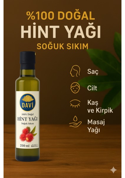 Davi Hint Yağı 250 ml — %100 Doğal Soğuk Sıkım | Saç, Cilt, Kaş & Kirpik (Castor Oil) fiyatları