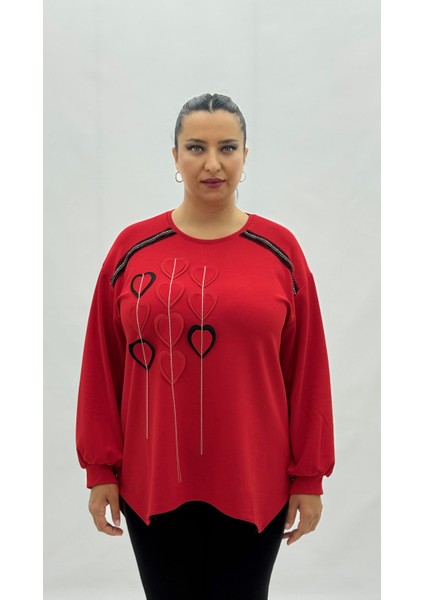 Büyük Beden Viskon Kalp Grafikli Taşlı Uzun Kol Oversize Kadın Bluz