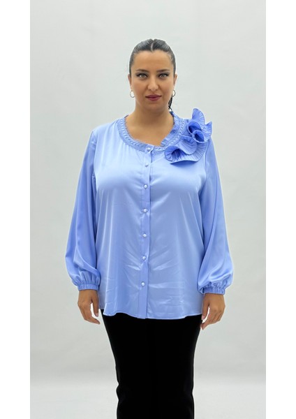 Büyük Beden Düğmeli Ipek Saten Fırfır Detaylı Uzun Kol Oversize Kadın Gömlek