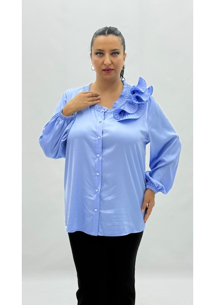 Büyük Beden Düğmeli Ipek Saten Fırfır Detaylı Uzun Kol Oversize Kadın Gömlek fiyatları