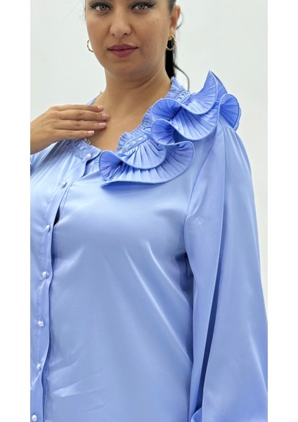 Büyük Beden Düğmeli Ipek Saten Fırfır Detaylı Uzun Kol Oversize Kadın Gömlek indirimleri