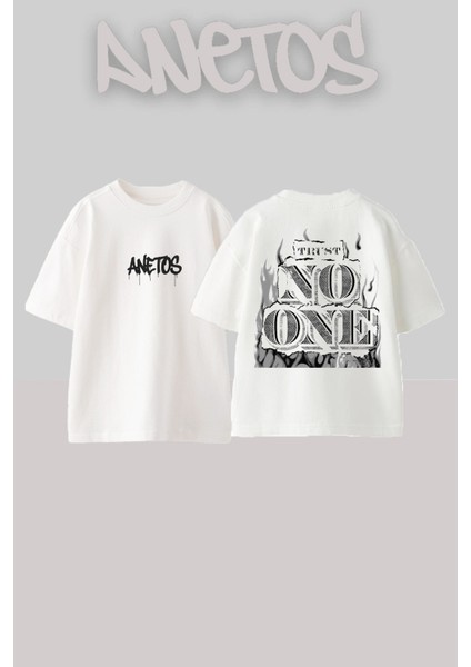 No One Tasarım Sırt Baskılı Pamuk Beyaz Oversize T-Shirt