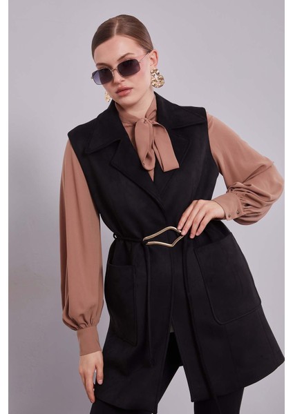 Siyah Süet Kemer Detaylı Yelek